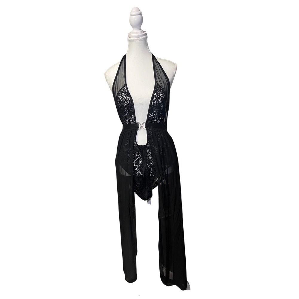 Black Sheer Lace Lingerie Bodysuit Halter Mesh Panel World Intimate